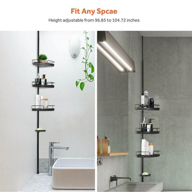 Adjustable Tension Shower Pole With Four Shower Baskets And A Hanging Bar