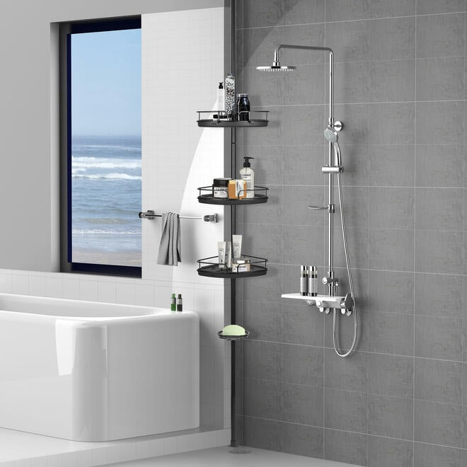 Adjustable Tension Shower Pole With Four Shower Baskets And A Hanging Bar