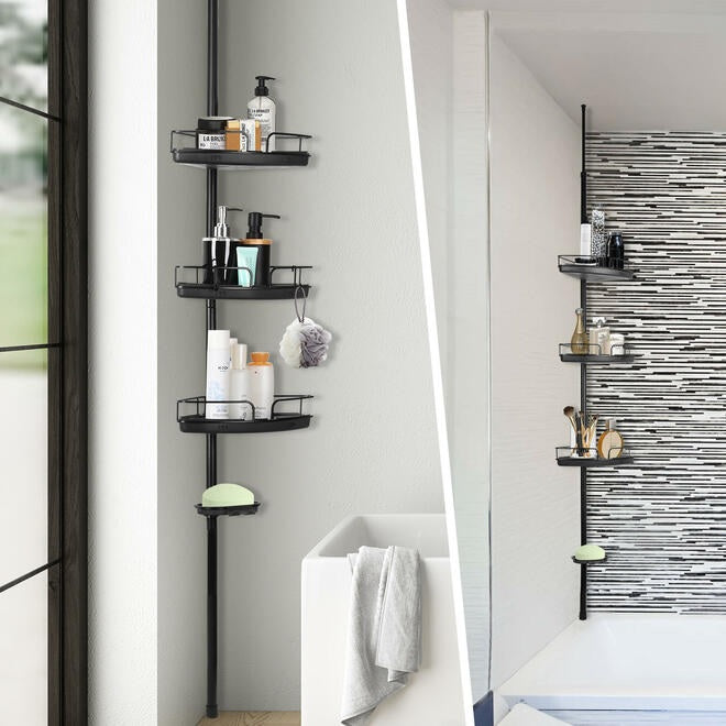 Adjustable Tension Shower Pole With Four Shower Baskets And A Hanging Bar