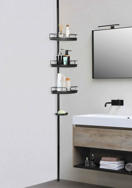 Adjustable Tension Shower Pole With Four Shower Baskets And A Hanging Bar