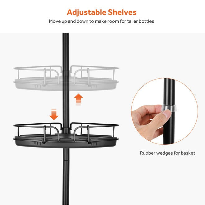 Adjustable Tension Shower Pole With Four Shower Baskets And A Hanging Bar