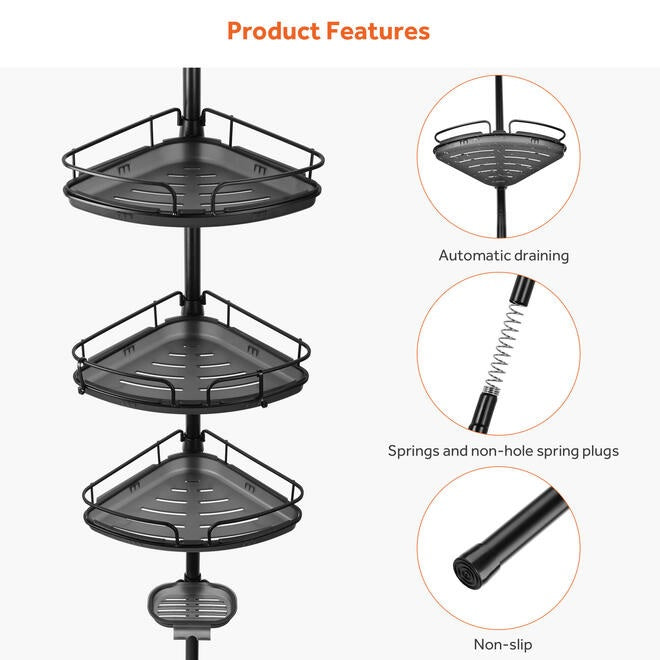 Adjustable Tension Shower Pole With Four Shower Baskets And A Hanging Bar