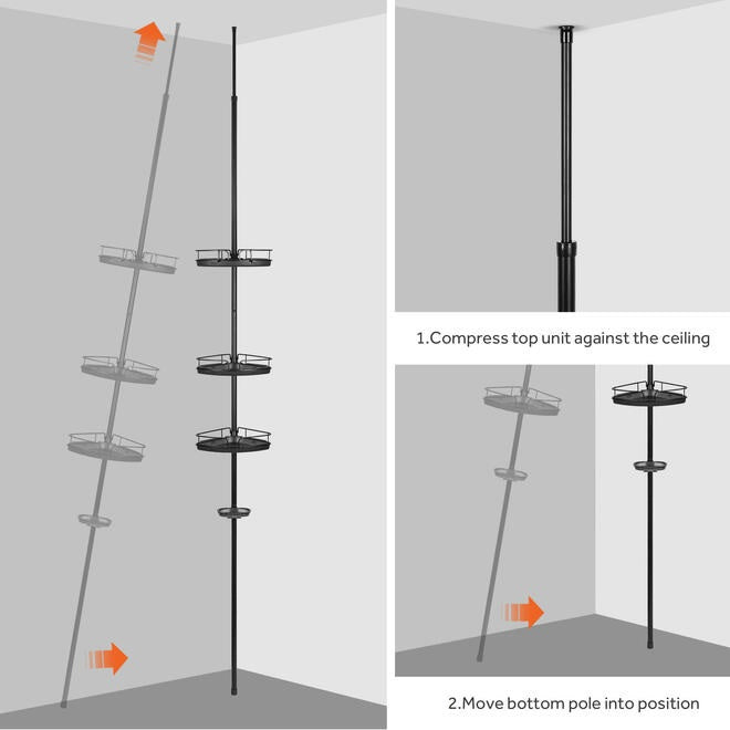 Adjustable Tension Shower Pole With Four Shower Baskets And A Hanging Bar