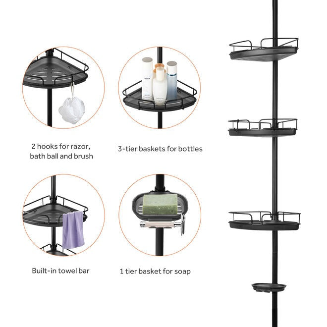 Adjustable Tension Shower Pole With Four Shower Baskets And A Hanging Bar