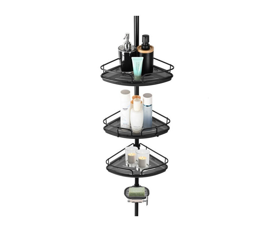Adjustable Tension Shower Pole With Four Shower Baskets And A Hanging Bar