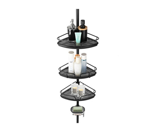 Adjustable Tension Shower Pole With Four Shower Baskets And A Hanging Bar