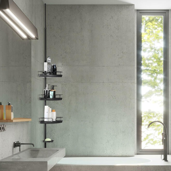 Adjustable Tension Shower Pole With Four Shower Baskets And A Hanging Bar